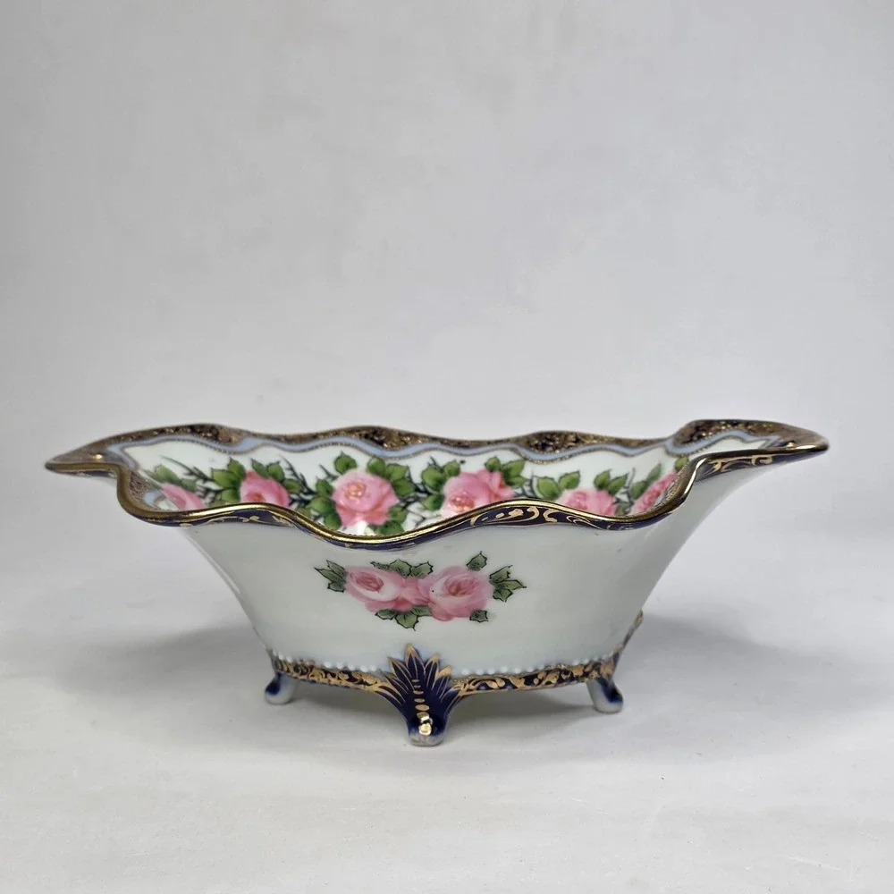Antique Nippon IE&C Co Hand Painted 4-Footed Porcelain Bowl Cobalt Pink Roses 9